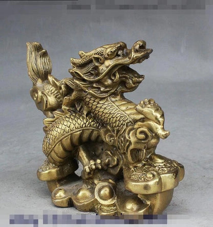 Folk Chinese Fengshui Brass Yuanbao Money Auspicious Ruyi Dragon Wealth Statue