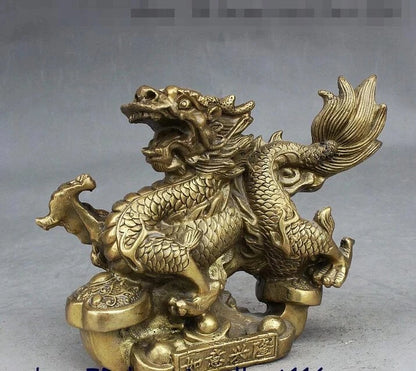 Folk Chinese Fengshui Brass Yuanbao Money Auspicious Ruyi Dragon Wealth Statue