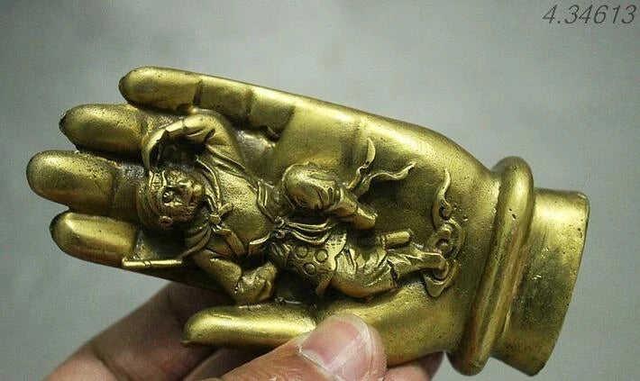 Folk Chinese myth Brass Tathagata Buddha Hand Sun Wu Kong Monkey King Statue