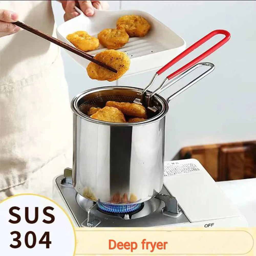 Food Grade 304 Stainless Steel Fryer Pot Mini Ddeep Fryer French Fries Pots For Frying Chicken With Strainer Basket Cooking Tool