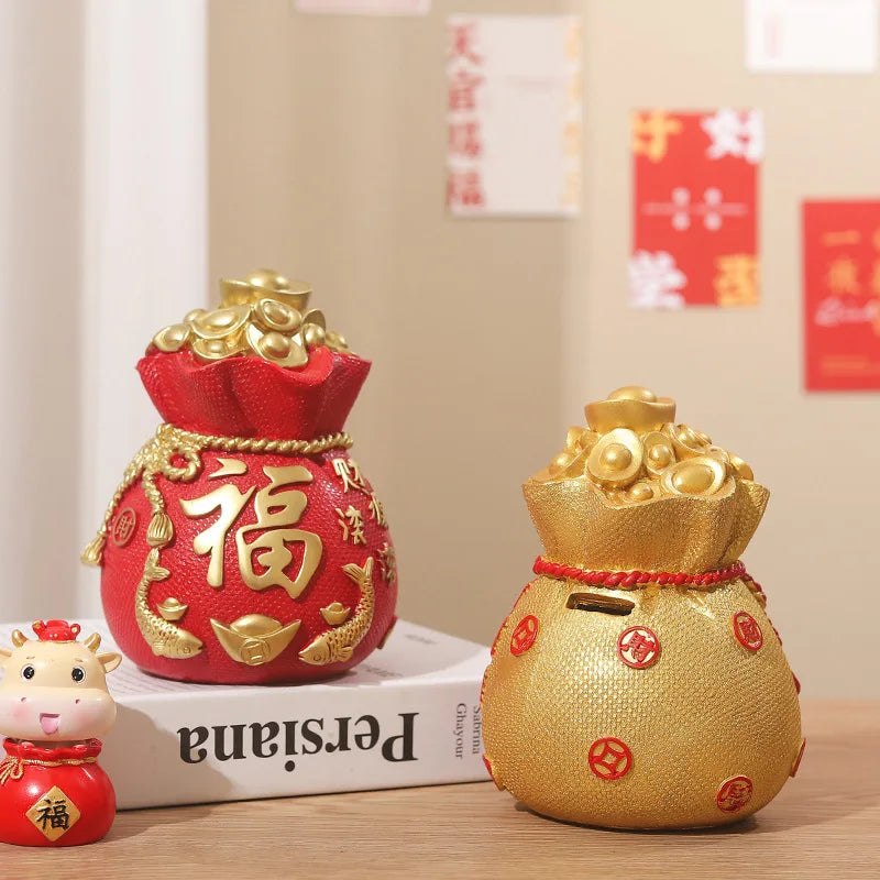 Fortune Lucky Bag Piggy bank， Resin art sculpture Home decoration money-saving box Gift money box