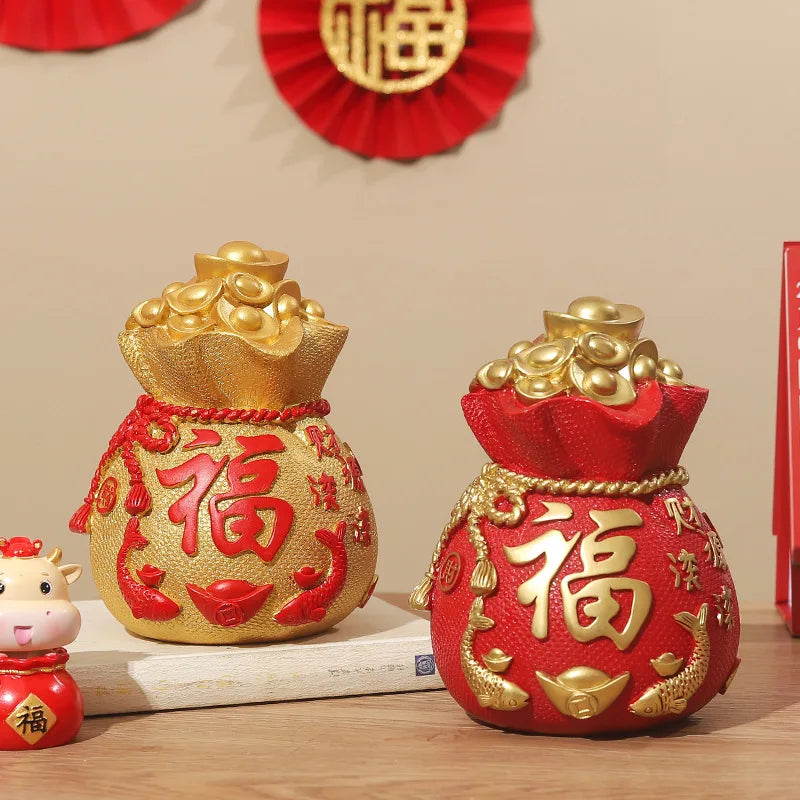 Fortune Lucky Bag Piggy bank， Resin art sculpture Home decoration money-saving box Gift money box
