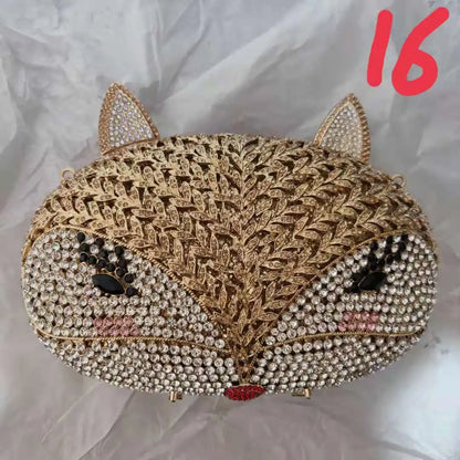 Fox Face Cocktail Prom Gift Clutch Woman Gold Diamond Evening Purse Wedding Bridal Birthday Party Bag Crystal Rhinestone Handbag