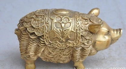 Free Shipping 15.5cmm 6" Japanese bronze copper wealth money lucky Auspicious pigs animal beast statue