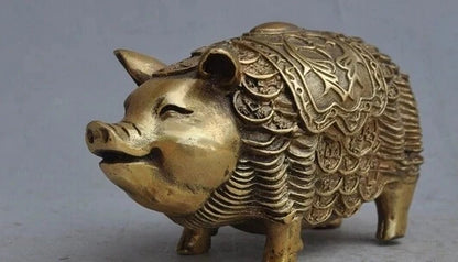 Free Shipping 15.5cmm 6" Japanese bronze copper wealth money lucky Auspicious pigs animal beast statue