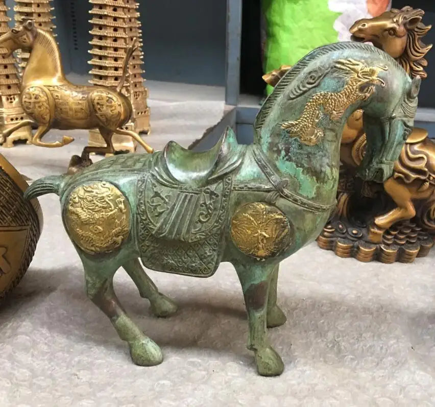 Free Shipping 27CM Chinese Bronze Gilt Dragon Phoenix Foo Fu Running Successful Horse Statue