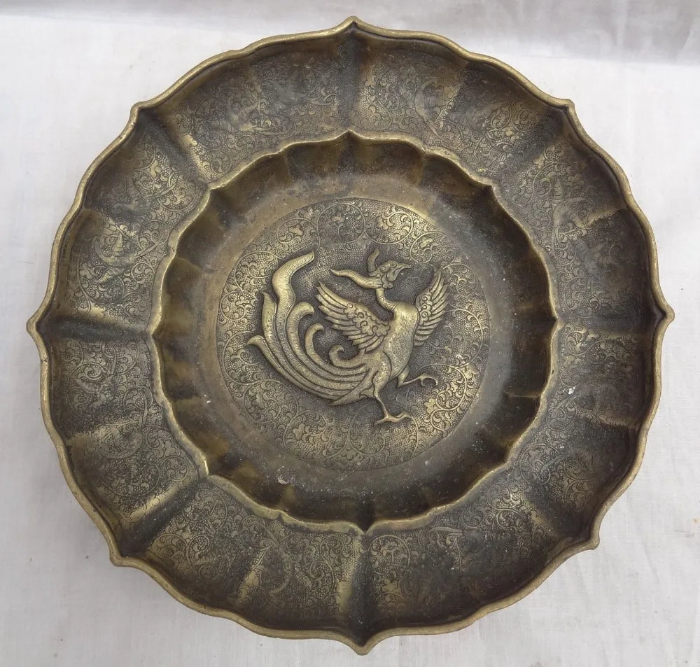 Free Shipping 30cm 12" Chinese Pure Bronze FengShui Bird Phoenix Statue Plate Tray Salver Dish
