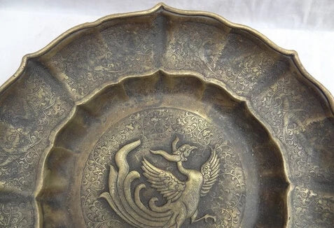 Free Shipping 30cm 12" Chinese Pure Bronze FengShui Bird Phoenix Statue Plate Tray Salver Dish