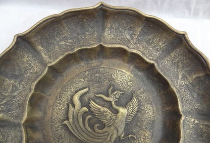 Free Shipping 30cm 12" Chinese Pure Bronze FengShui Bird Phoenix Statue Plate Tray Salver Dish