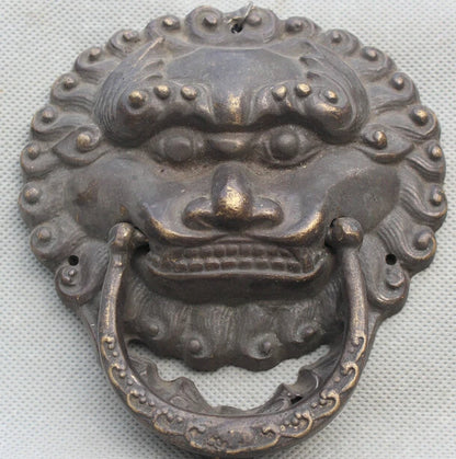 Free Shipping 6" Old Chinese Feng Shui Bronze Fu Foo Dog Guardion Lion Head Mask Door Knocker S0705 Discount 35%