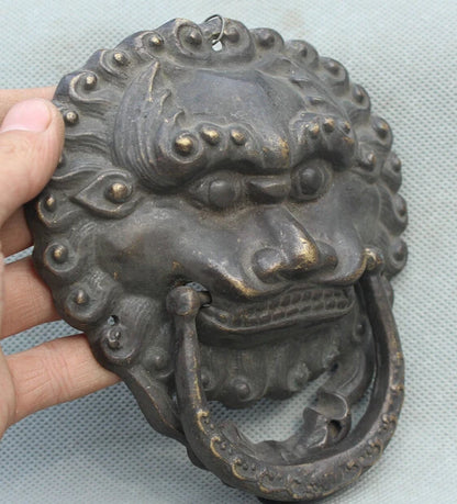 Free Shipping 6" Old Chinese Feng Shui Bronze Fu Foo Dog Guardion Lion Head Mask Door Knocker S0705 Discount 35%