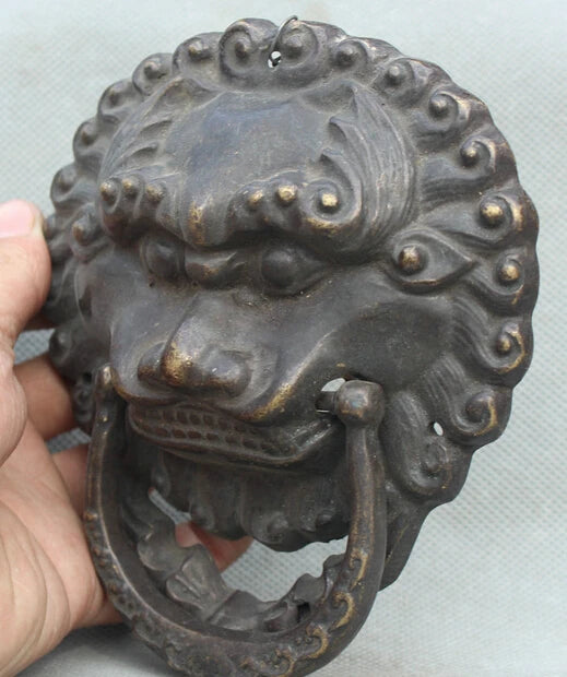 Free Shipping 6" Old Chinese Feng Shui Bronze Fu Foo Dog Guardion Lion Head Mask Door Knocker S0705 Discount 35%