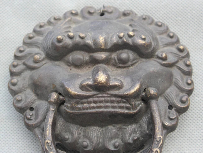 Free Shipping 6" Old Chinese Feng Shui Bronze Fu Foo Dog Guardion Lion Head Mask Door Knocker S0705 Discount 35%