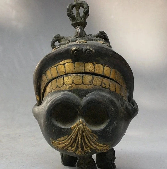 Free Shipping Tibet Bronze Gild Phurba Skeleton Skull Head 3 Leg Statue Incense Burner Censer