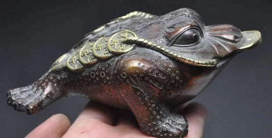 Free shipping 6"old chinese fengshui bronze gilt wealth money coin Toad Bufo Frog lucky statue