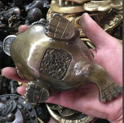 Free shipping 6"old chinese fengshui bronze gilt wealth money coin Toad Bufo Frog lucky statue