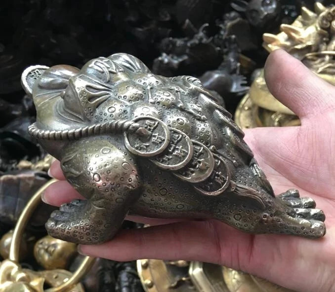 Free shipping 6"old chinese fengshui bronze gilt wealth money coin Toad Bufo Frog lucky statue