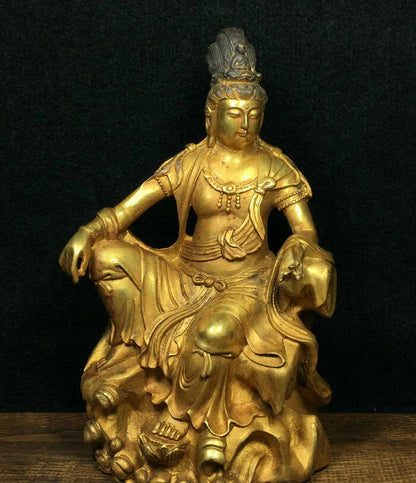 Free shipping 8.4" Ancient Chinese Bronze Gilt Free Seat Guan Yin Kwan-Yin Goddess Statue