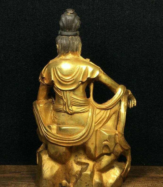 Free shipping 8.4" Ancient Chinese Bronze Gilt Free Seat Guan Yin Kwan-Yin Goddess Statue