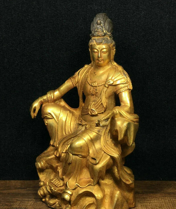 Free shipping 8.4" Ancient Chinese Bronze Gilt Free Seat Guan Yin Kwan-Yin Goddess Statue