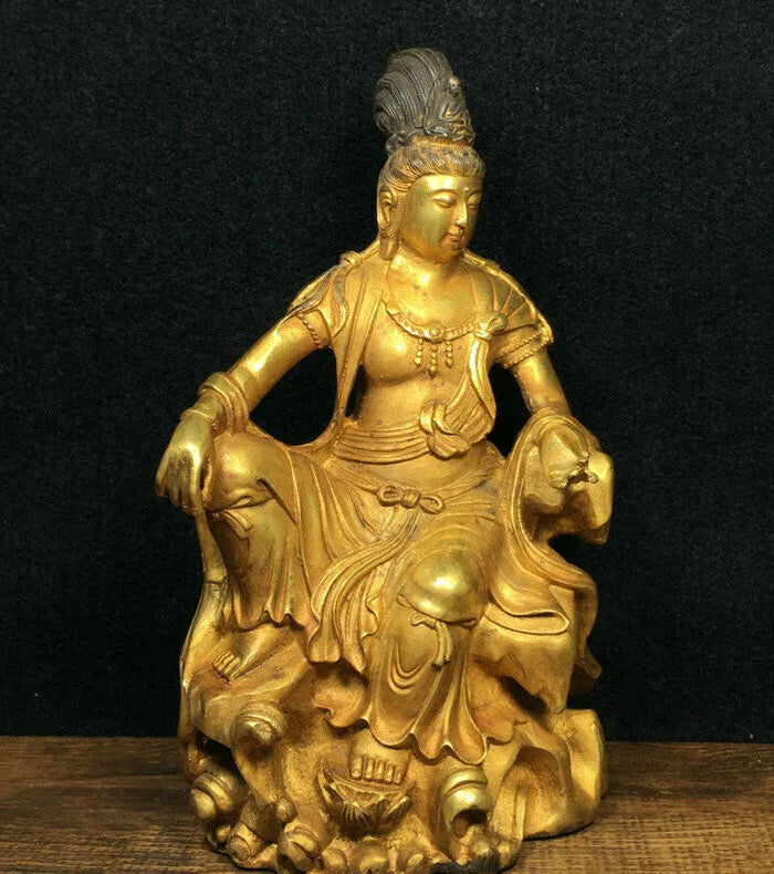 Free shipping 8.4" Ancient Chinese Bronze Gilt Free Seat Guan Yin Kwan-Yin Goddess Statue