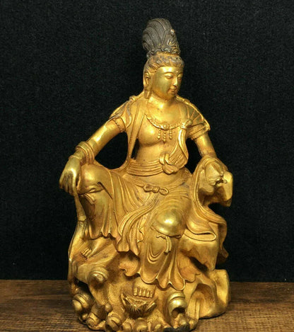 Free shipping 8.4" Ancient Chinese Bronze Gilt Free Seat Guan Yin Kwan-Yin Goddess Statue