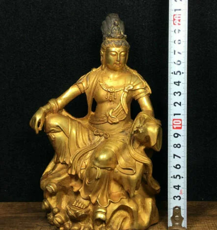 Free shipping 8.4" Ancient Chinese Bronze Gilt Free Seat Guan Yin Kwan-Yin Goddess Statue