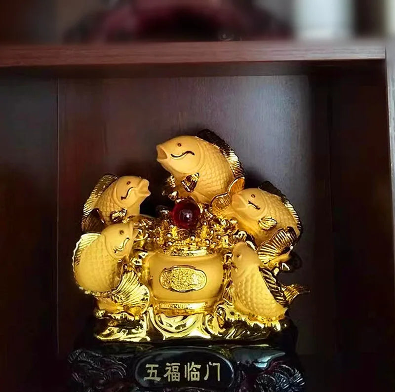 Free shipping Five carp set out attract luck fish resin gold cornucopia handicraft home decor feng shui fish statue decoration