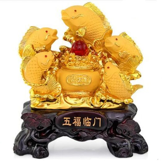 Free shipping Five carp set out attract luck fish resin gold cornucopia handicraft home decor feng shui fish statue decoration
