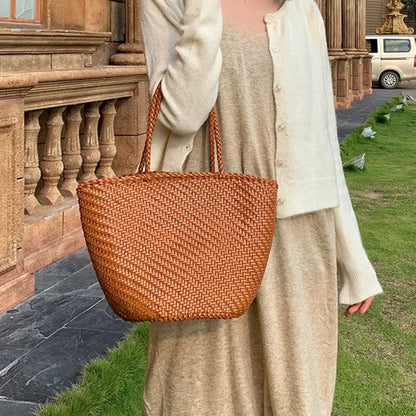 French Beach Bags head layer cowhide hand-woven women's large capacity leather one-shoulder women's grocery basket Tote bag