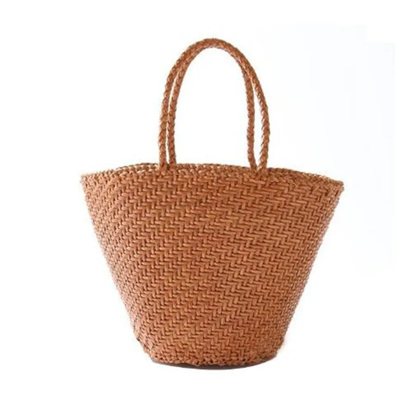 French Beach Bags head layer cowhide hand-woven women's large capacity leather one-shoulder women's grocery basket Tote bag