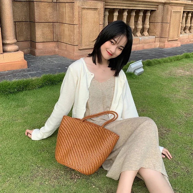 French Beach Bags head layer cowhide hand-woven women's large capacity leather one-shoulder women's grocery basket Tote bag