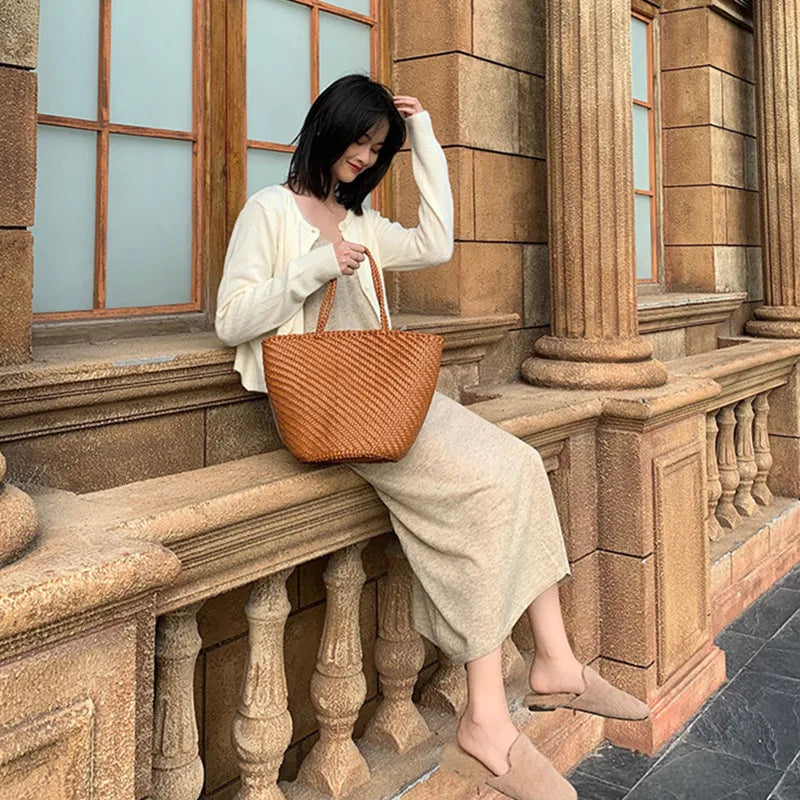 French Beach Bags head layer cowhide hand-woven women's large capacity leather one-shoulder women's grocery basket Tote bag