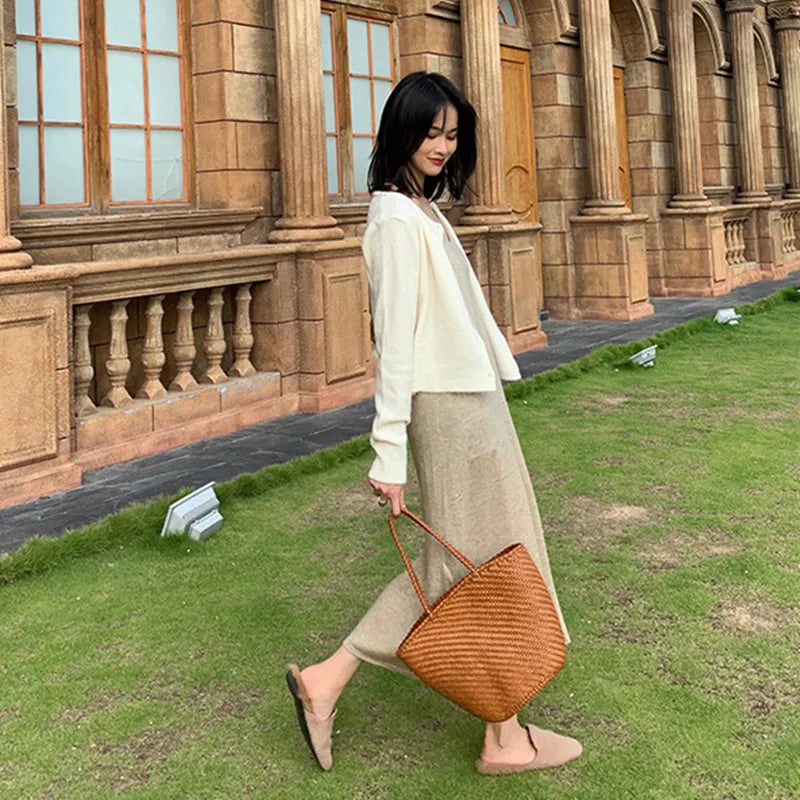French Beach Bags head layer cowhide hand-woven women's large capacity leather one-shoulder women's grocery basket Tote bag