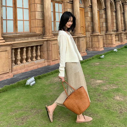 French Beach Bags head layer cowhide hand-woven women's large capacity leather one-shoulder women's grocery basket Tote bag