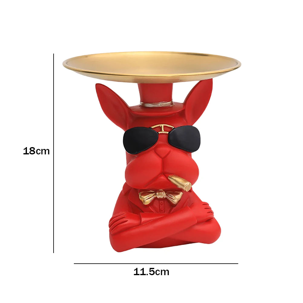 French Bulldog Sculpture Dog Statue Decorative Figurine Storage Metal Tray Coin Piggy Bank Entrance Key Snack Holder
