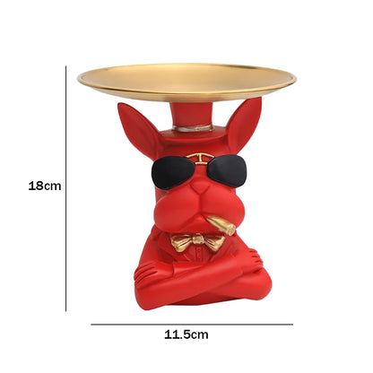 French Bulldog Sculpture Dog Statue Decorative Figurine Storage Metal Tray Coin Piggy Bank Entrance Key Snack Holder