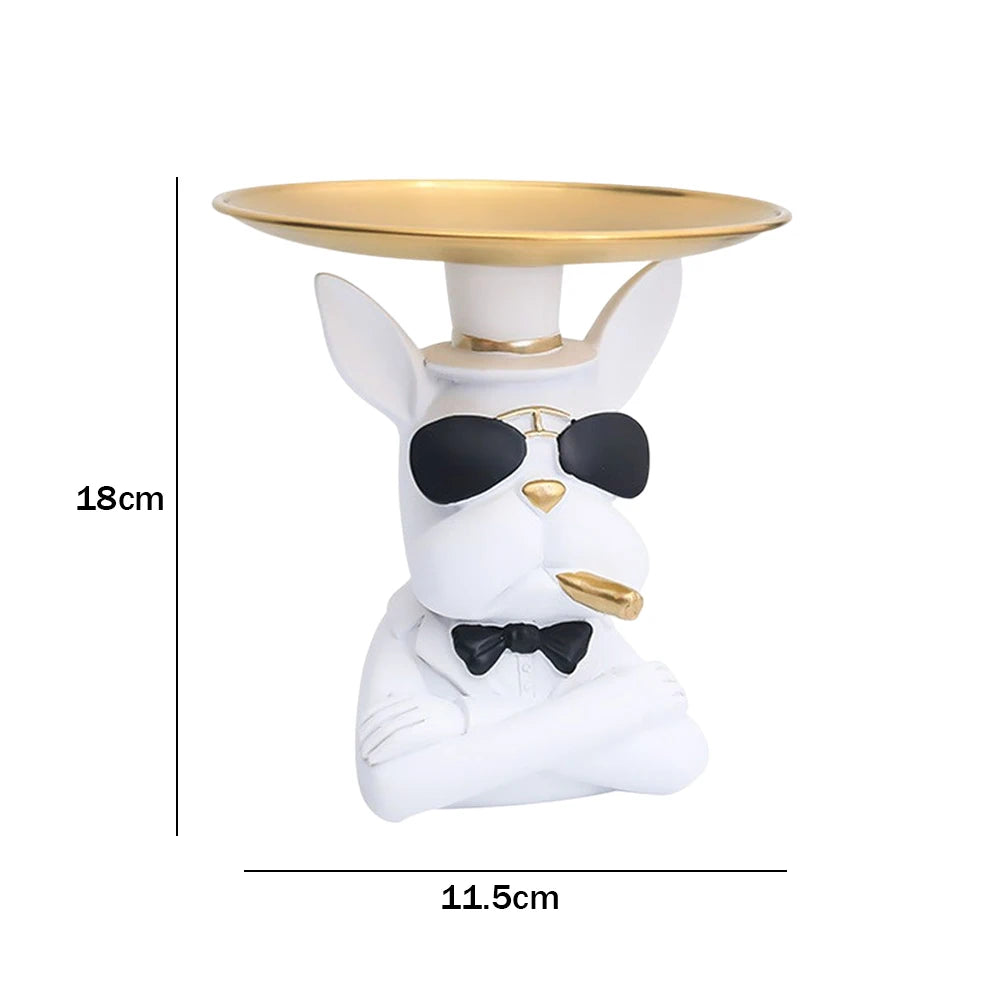 French Bulldog Sculpture Dog Statue Decorative Figurine Storage Metal Tray Coin Piggy Bank Entrance Key Snack Holder