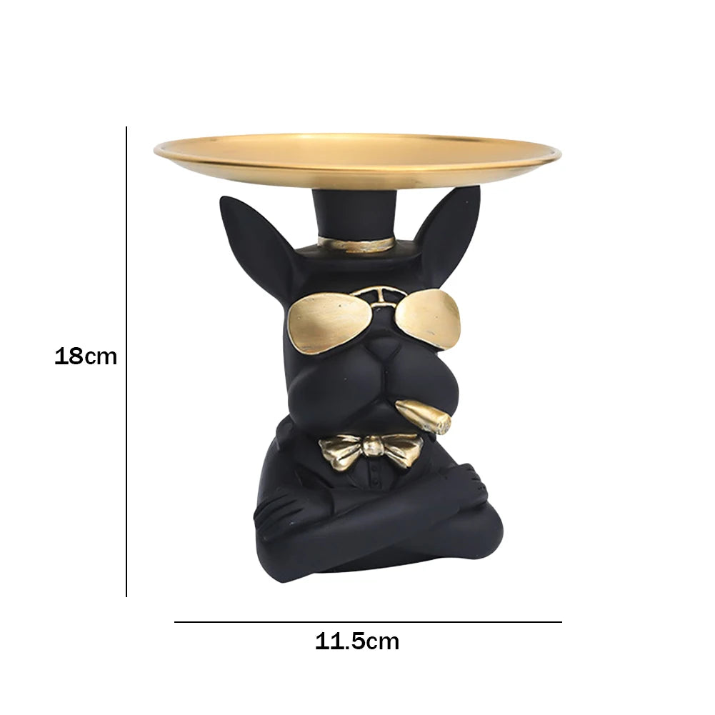 French Bulldog Sculpture Dog Statue Decorative Figurine Storage Metal Tray Coin Piggy Bank Entrance Key Snack Holder