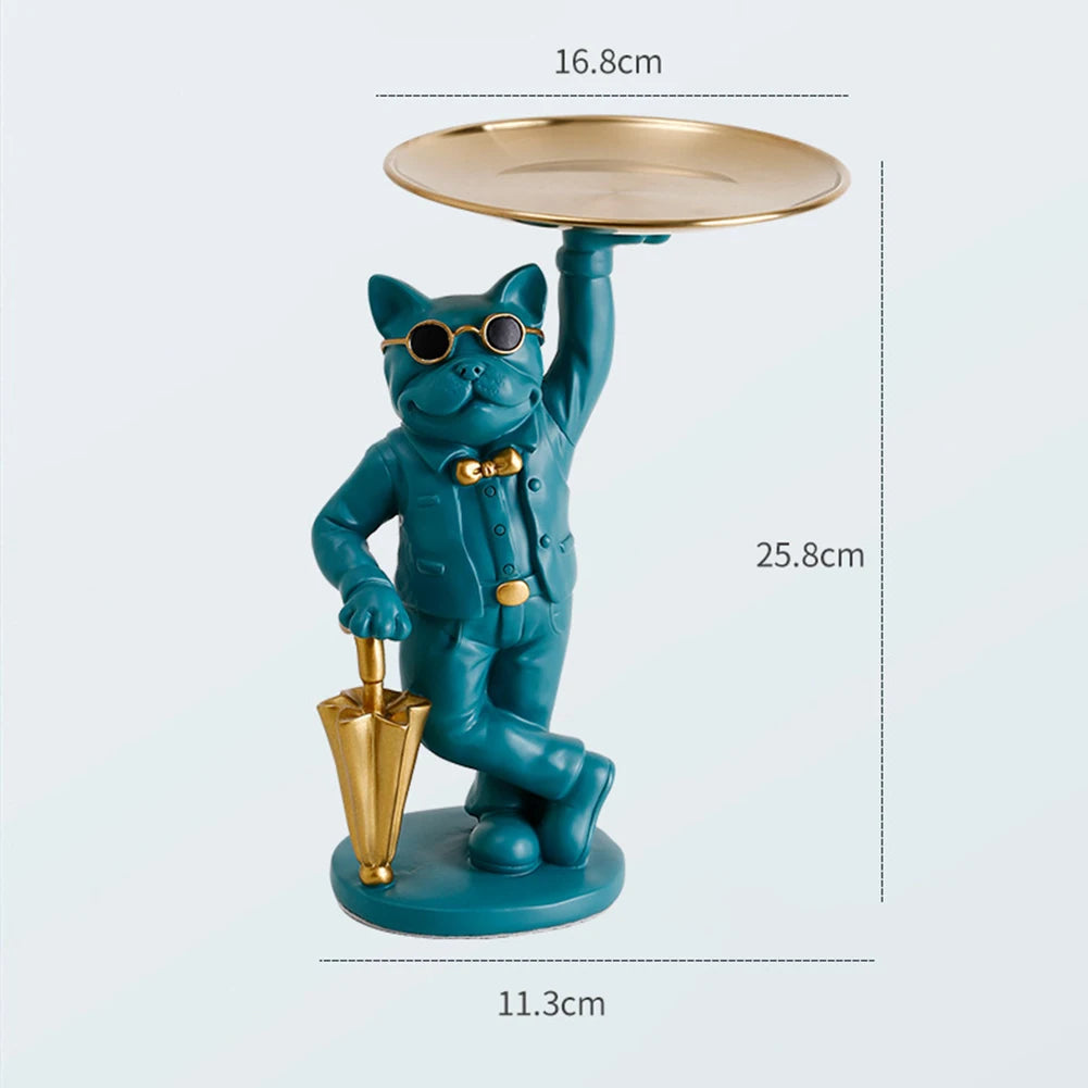 French Bulldog Sculpture Dog Statue Decorative Figurine Storage Metal Tray Coin Piggy Bank Entrance Key Snack Holder