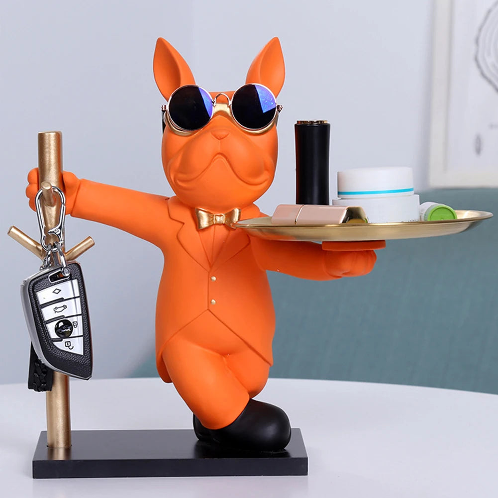 French Bulldog Sculpture Dog Statue Decorative Figurine Storage Metal Tray Coin Piggy Bank Entrance Key Snack Holder