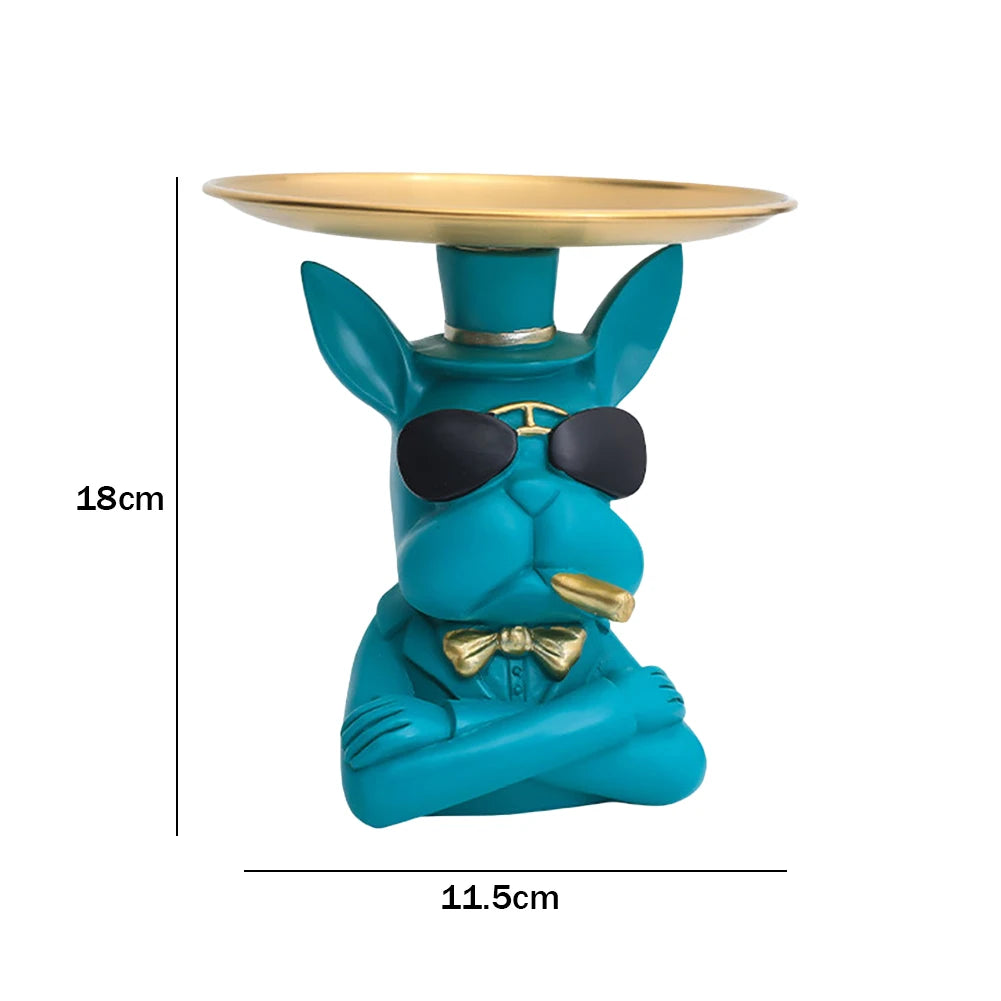 French Bulldog Sculpture Dog Statue Decorative Figurine Storage Metal Tray Coin Piggy Bank Entrance Key Snack Holder