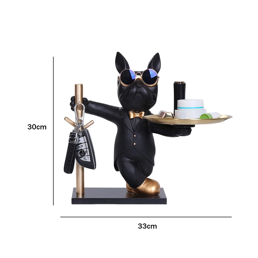 French Bulldog Sculpture Dog Statue Decorative Figurine Storage Metal Tray Coin Piggy Bank Entrance Key Snack Holder