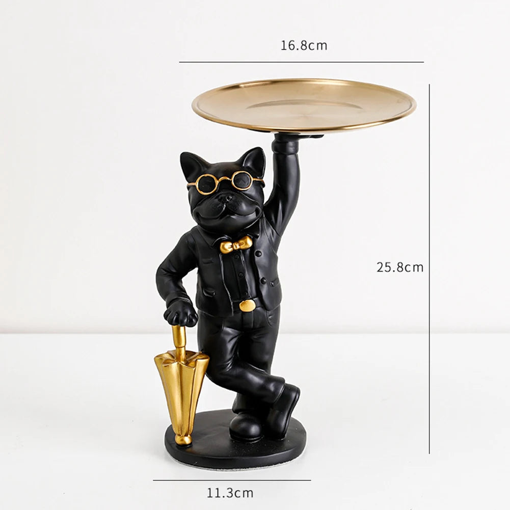 French Bulldog Sculpture Dog Statue Decorative Figurine Storage Metal Tray Coin Piggy Bank Entrance Key Snack Holder