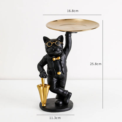 French Bulldog Sculpture Dog Statue Decorative Figurine Storage Metal Tray Coin Piggy Bank Entrance Key Snack Holder