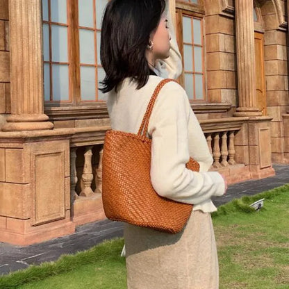 French basket wrapped leather top layer hand-woven cowhide Beach Bags Braided hollowed-out vegetable  shopping basket bag