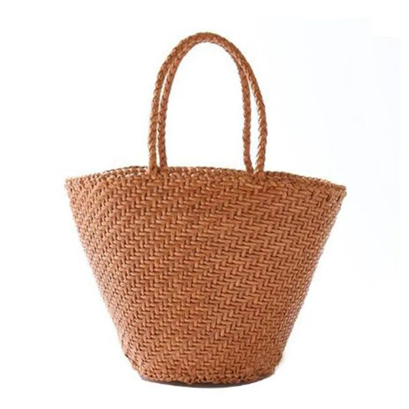 French basket wrapped leather top layer hand-woven cowhide Beach Bags Braided hollowed-out vegetable  shopping basket bag