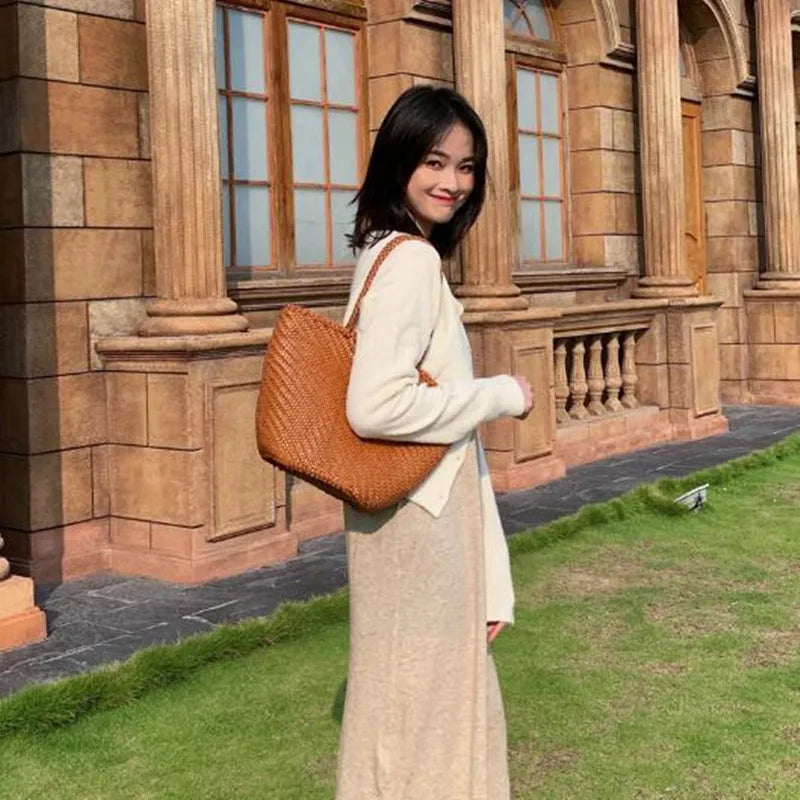 French basket wrapped leather top layer hand-woven cowhide Beach Bags Braided hollowed-out vegetable  shopping basket bag