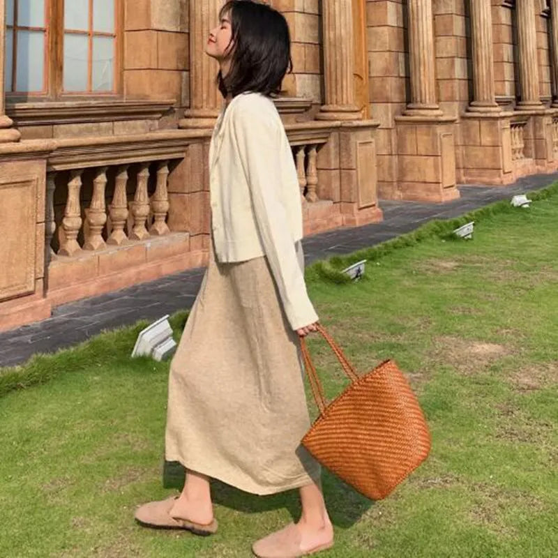 French basket wrapped leather top layer hand-woven cowhide Beach Bags Braided hollowed-out vegetable  shopping basket bag