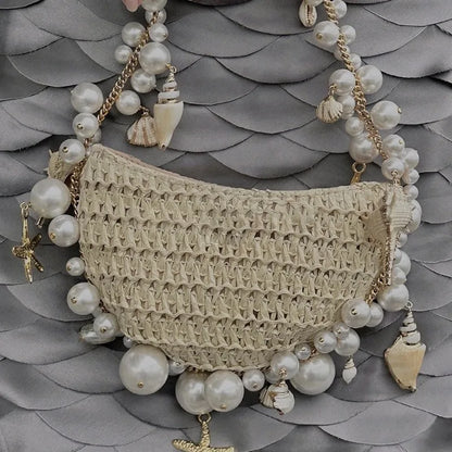 Fresh Sweet Pearls Chain Straw Bag 2024 New Beach Style All-match Handbags Female Purses Niche Designer Fashion Bolsas Mujer